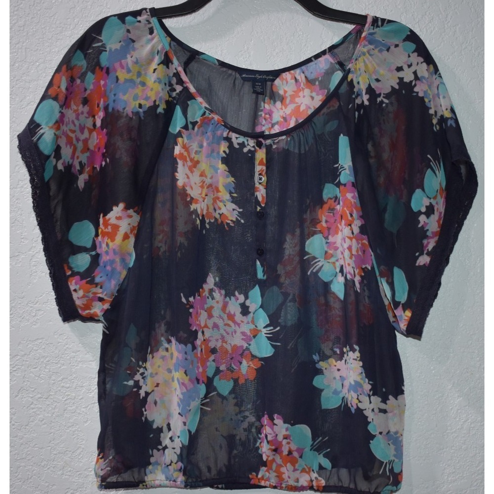 American Eagle Semi-sheer Navy Floral Top Lace‎ Sleeve Elastic Hem Gypsy Hippie